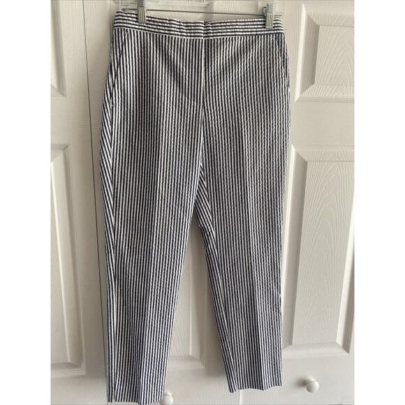 Zara Women's Medium Navy Striped Seersucker Straight Leg Pants Coastal Nautical